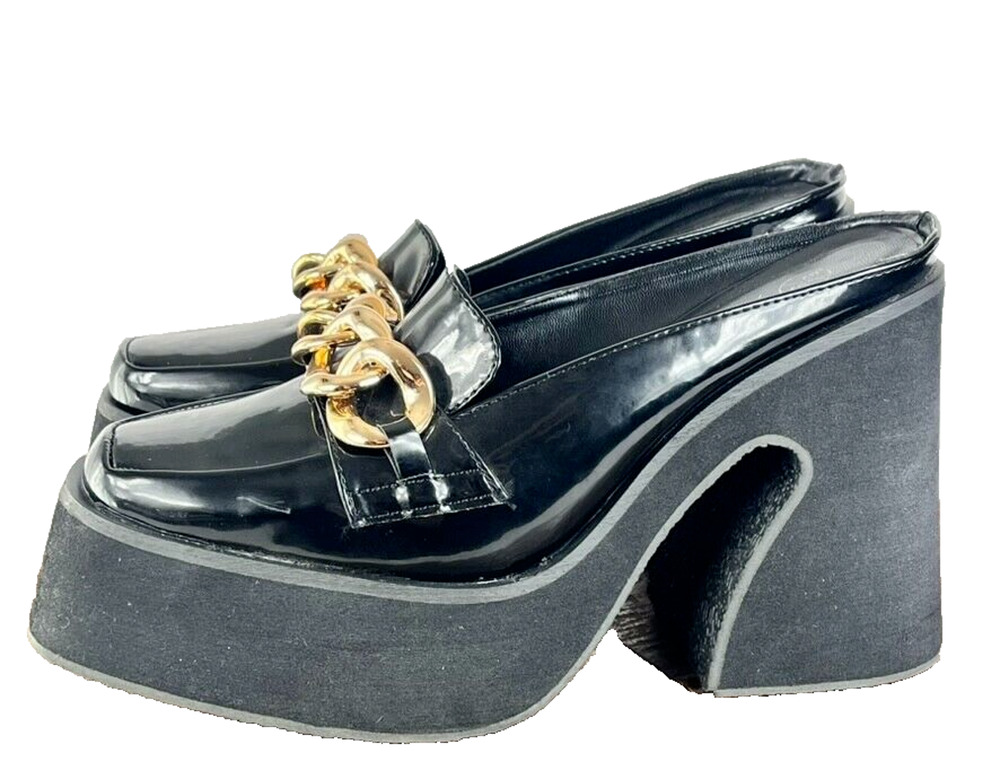 Nasty Gal Mule Loafers Black 38 Patent Groovy Heel Ultra Platform Gold Chain